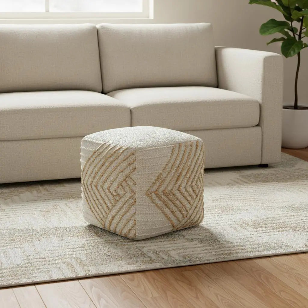 18" Natural and Off White Cotton Jute And Wool Geometric Cube Pouf Ottoman Homeroots Living Room
